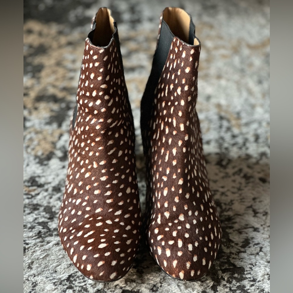 J. Crew Calf Hair Brown and White Polka Dot Heels